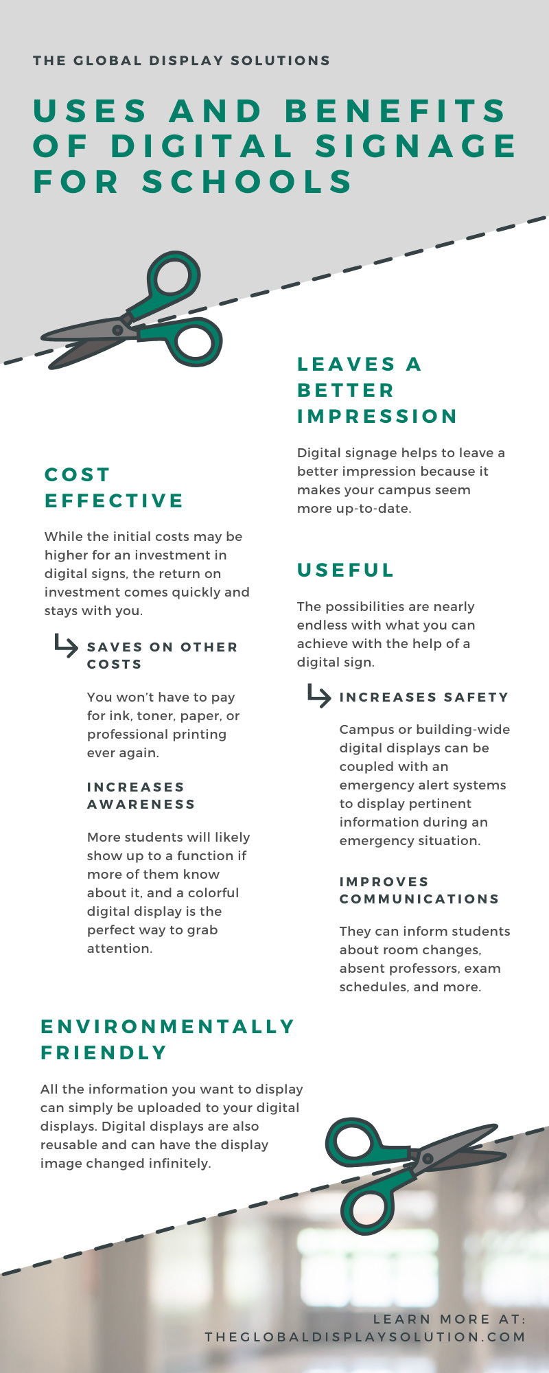 Uses and Benefits of Digital Signage for Schools infographic